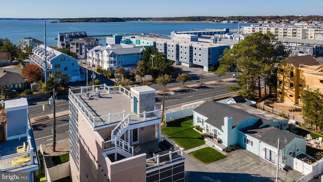 drone / aerial view featuring a water view