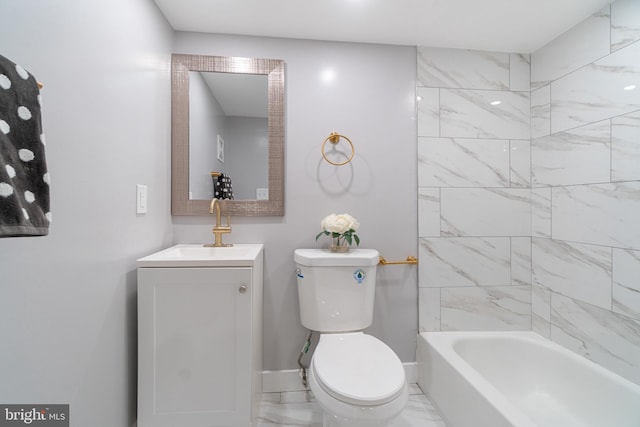 full bathroom with toilet, tiled shower / bath combo, and vanity