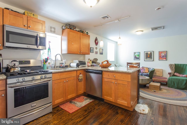 kitchen featuring kitchen peninsula, stainless steel appliances, dark hardwood / wood-style floors, and a healthy amount of sunlight