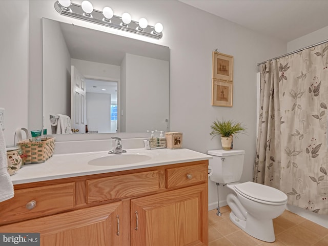 bathroom featuring tile patterned flooring, vanity, toilet, and a shower with shower curtain