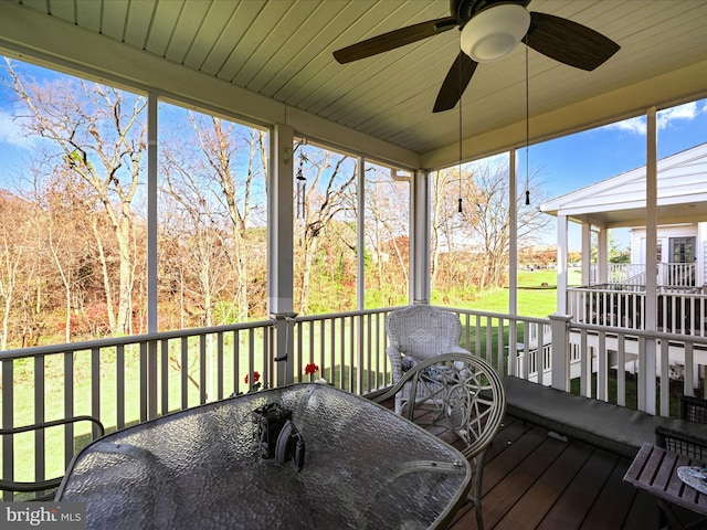 sunroom / solarium with ceiling fan and wood ceiling