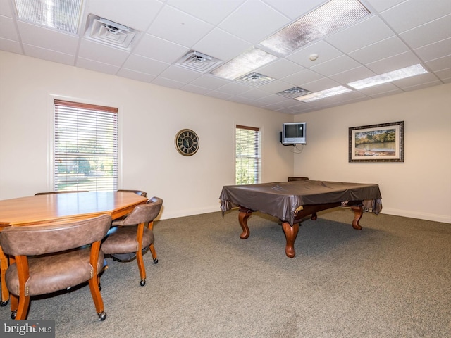 playroom with billiards, carpet floors, and a healthy amount of sunlight