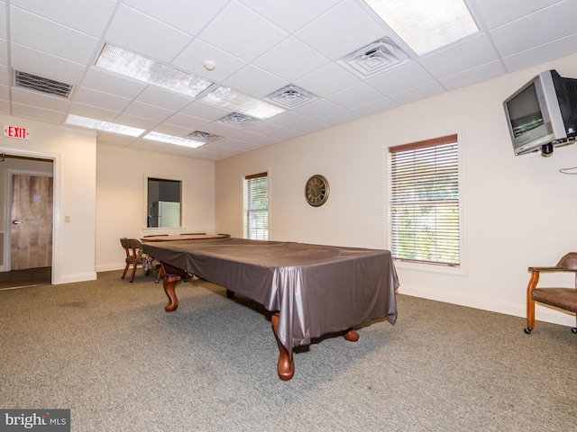 game room featuring a paneled ceiling, carpet flooring, and billiards