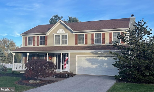 view of front of property featuring covered porch and a garage