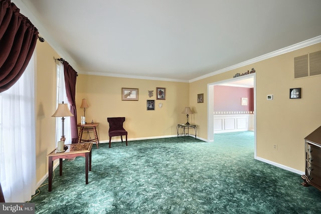 living area with dark carpet and ornamental molding