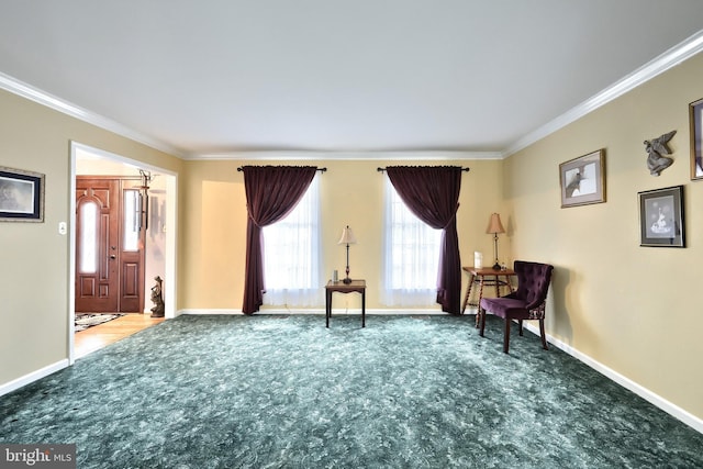 sitting room with carpet flooring and crown molding