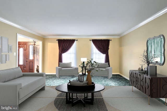 carpeted living room with ornamental molding