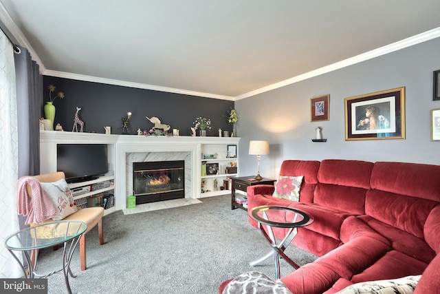 living room featuring carpet flooring, crown molding, and a premium fireplace