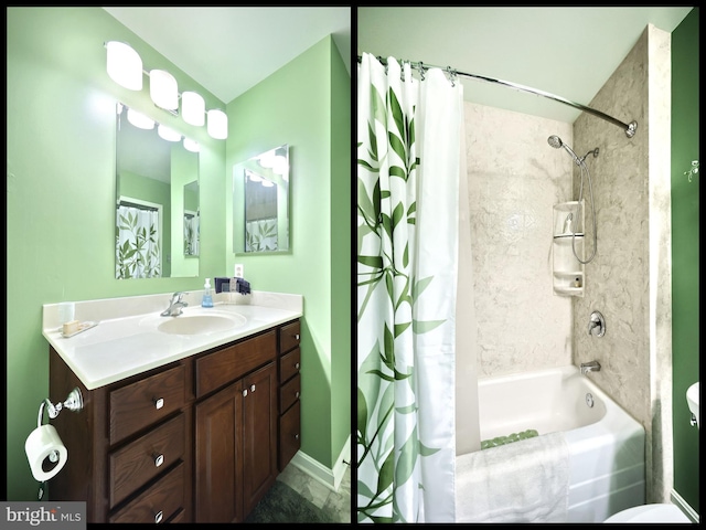 bathroom featuring vanity and shower / bath combo with shower curtain