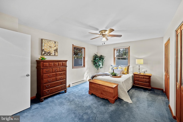 carpeted bedroom featuring ceiling fan, a closet, and a baseboard heating unit