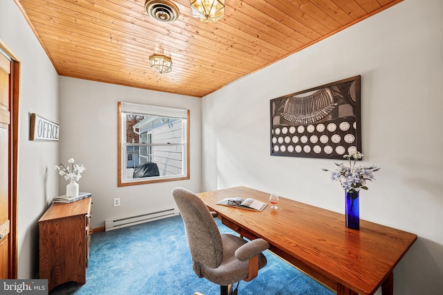 carpeted office space with a baseboard radiator and wood ceiling