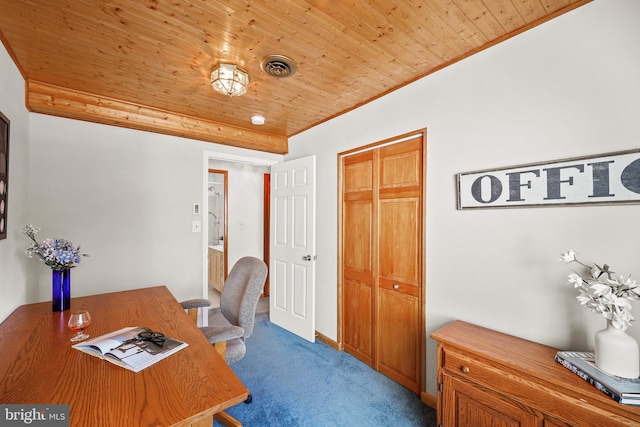 carpeted home office with wood ceiling