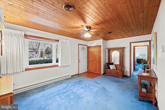 living area with ceiling fan, wooden ceiling, carpet floors, and a baseboard radiator