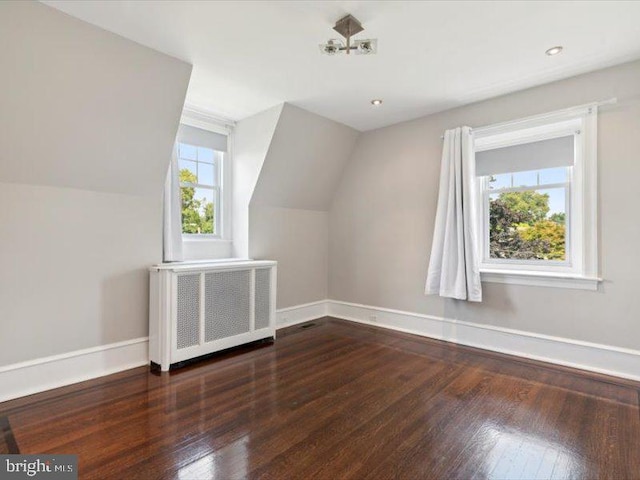 additional living space featuring radiator, plenty of natural light, and dark hardwood / wood-style floors