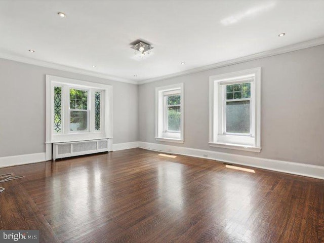 spare room with radiator heating unit, dark hardwood / wood-style flooring, and plenty of natural light