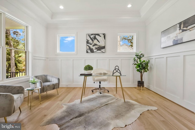 home office featuring a tray ceiling and light hardwood / wood-style flooring