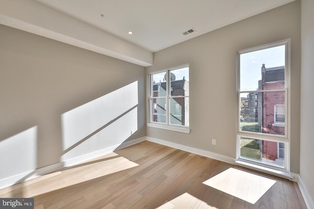 empty room with light hardwood / wood-style flooring and plenty of natural light