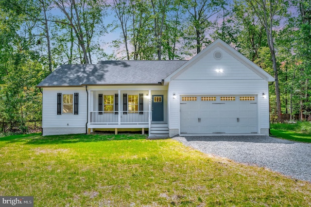 ranch-style house with a garage, a porch, and a front lawn