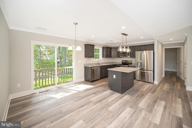 kitchen with appliances with stainless steel finishes, decorative light fixtures, dark brown cabinets, light hardwood / wood-style flooring, and a kitchen island