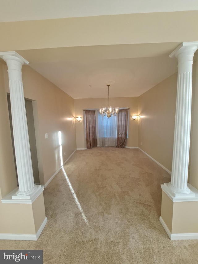 unfurnished dining area featuring carpet floors, vaulted ceiling, and a notable chandelier