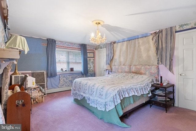 bedroom with carpet flooring, a chandelier, and a baseboard radiator