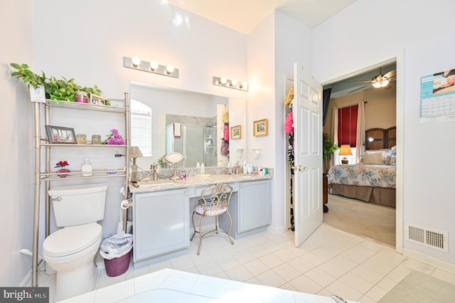 40 Vender Ln, Mays Landing, NJ 08330 - ensuite bathroom with a shower stall, ceiling fan, baseboards, tile patterned floors, and toilet
