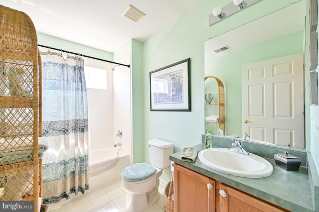 full bathroom with vanity, tile patterned flooring, toilet, and shower / bath combination with curtain