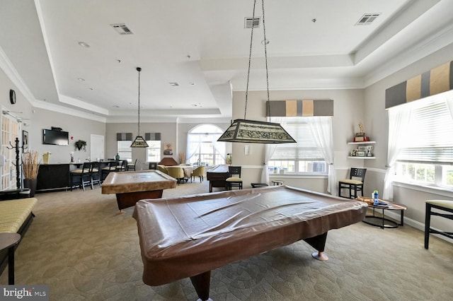 game room with plenty of natural light, pool table, carpet floors, and a raised ceiling