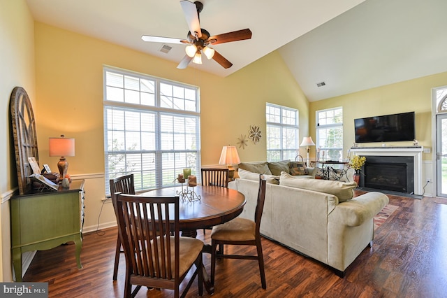 interior space with dark hardwood / wood-style flooring, vaulted ceiling, and ceiling fan