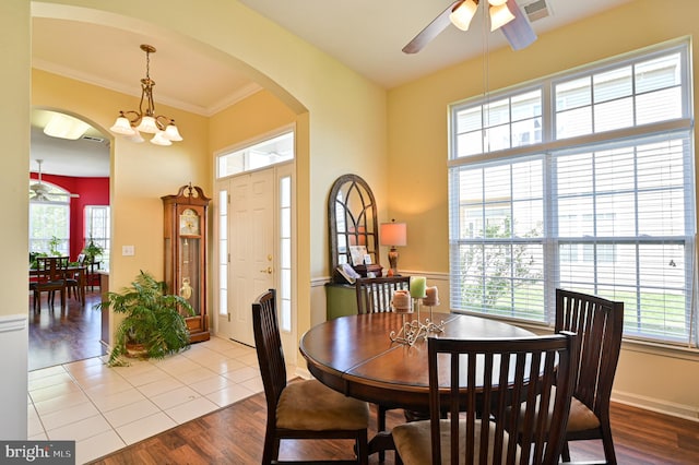 dining room featuring ornamental molding, ceiling fan with notable chandelier, light hardwood / wood-style flooring, and a healthy amount of sunlight