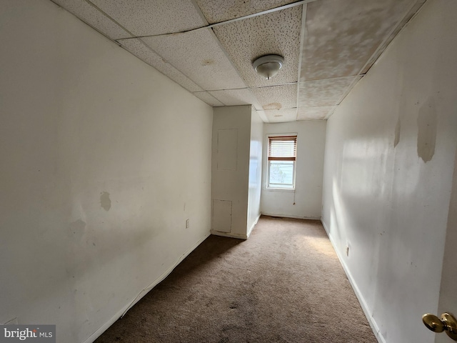 carpeted spare room with a drop ceiling