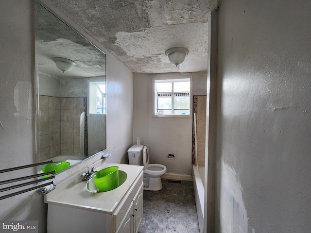 bathroom with vanity, toilet, and walk in shower