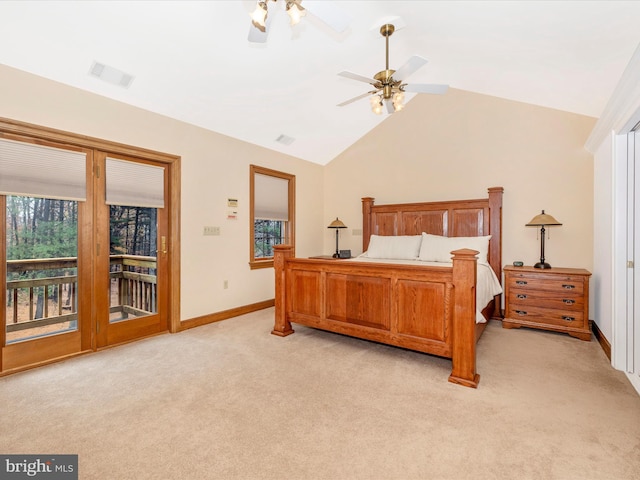 bedroom featuring high vaulted ceiling, ceiling fan, light carpet, and access to outside