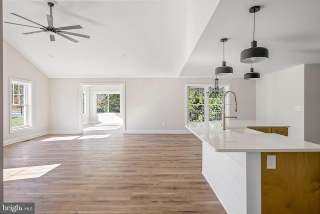 unfurnished living room featuring light wood-type flooring, vaulted ceiling, a healthy amount of sunlight, and sink