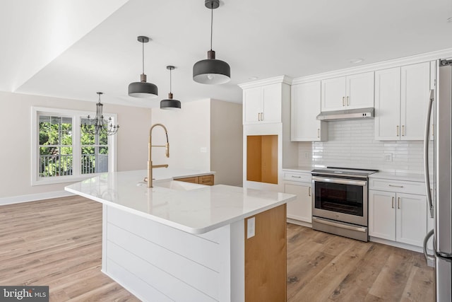 kitchen featuring hanging light fixtures, white cabinets, an island with sink, and appliances with stainless steel finishes