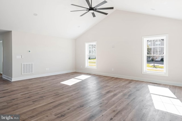 unfurnished living room with high vaulted ceiling, ceiling fan, and dark wood-type flooring