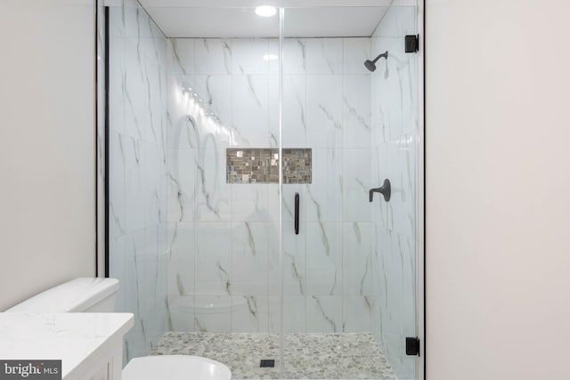 bathroom featuring a shower with door, vanity, and toilet