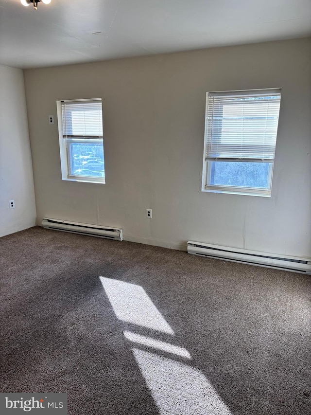 spare room featuring carpet and baseboard heating