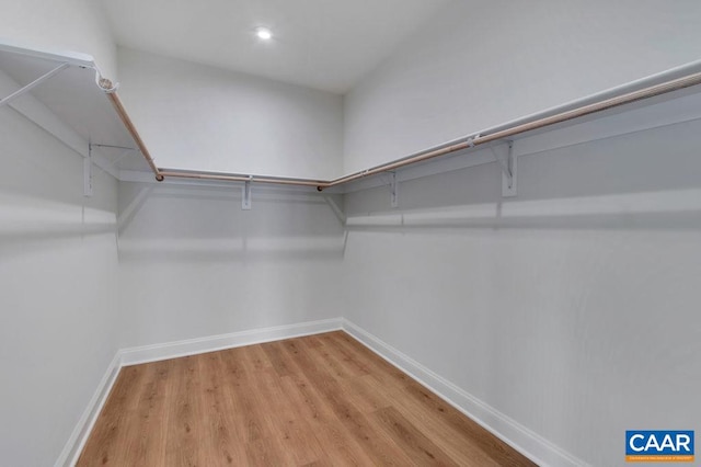 walk in closet with light hardwood / wood-style flooring