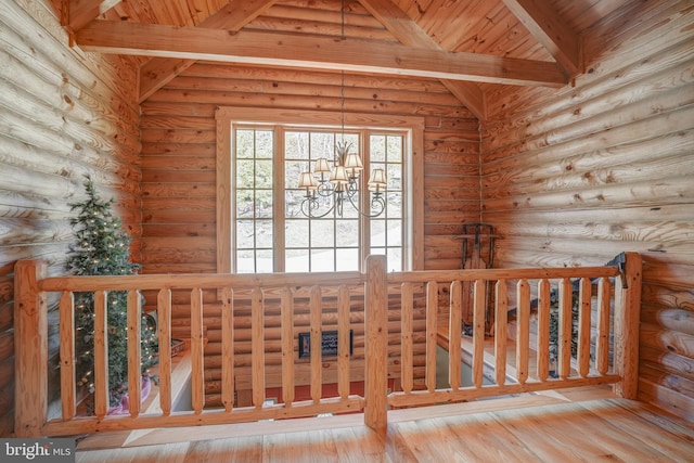 room details featuring wood-type flooring, beam ceiling, and log walls