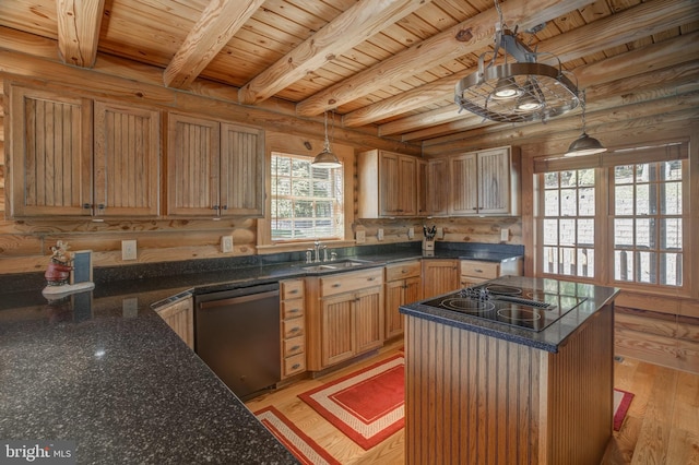 kitchen featuring wood ceiling, black appliances, beamed ceiling, light wood-type flooring, and decorative light fixtures