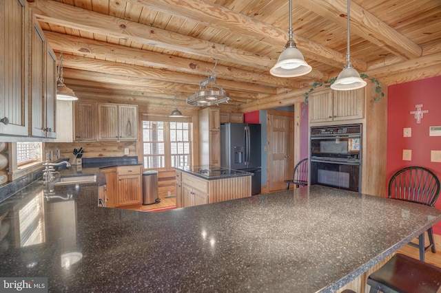 kitchen with beamed ceiling, stainless steel fridge, wood ceiling, and double oven