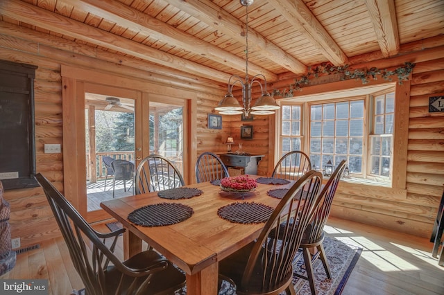 dining room with a wealth of natural light, beamed ceiling, wooden ceiling, and light hardwood / wood-style flooring