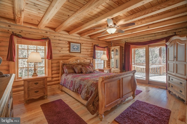 bedroom featuring access to outside, wood ceiling, light wood-type flooring, and beam ceiling