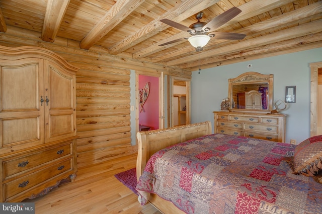 bedroom featuring wooden ceiling, beamed ceiling, ceiling fan, log walls, and light wood-type flooring