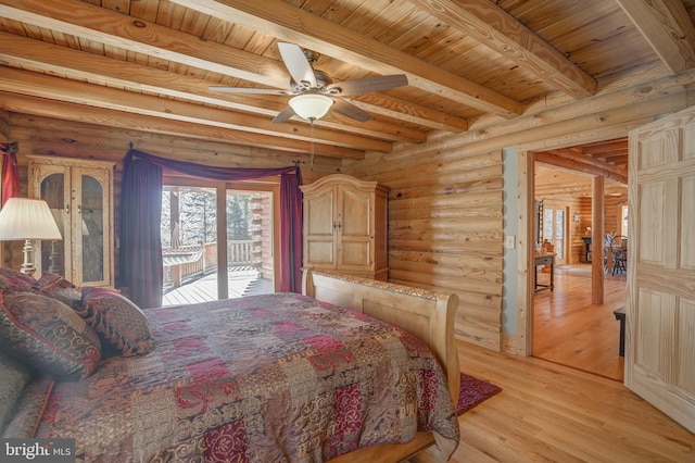 bedroom with wooden ceiling, ceiling fan, beam ceiling, and light wood-type flooring