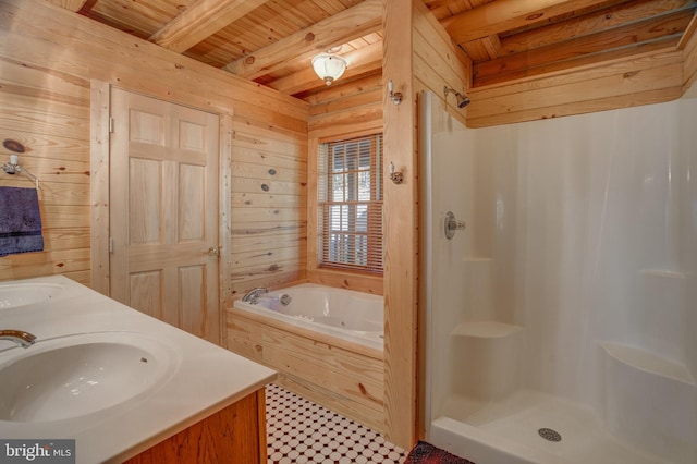 bathroom with wooden ceiling, independent shower and bath, beamed ceiling, and wooden walls