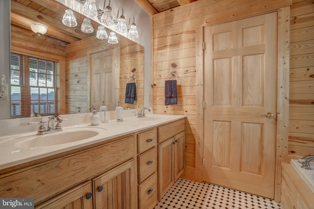 bathroom featuring vanity, wooden walls, and a bathing tub