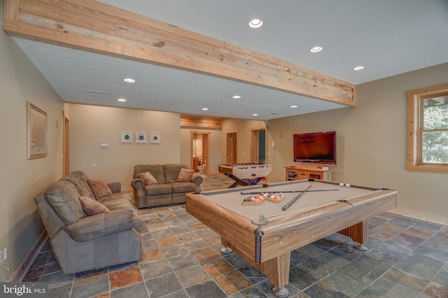 playroom featuring beam ceiling and billiards