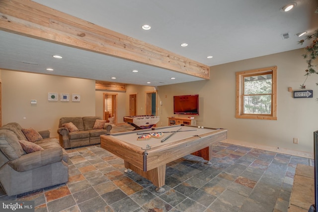 rec room featuring pool table and beam ceiling